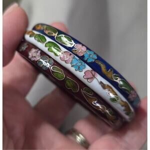 Vtg Set 3 Cloisonne Bangle Bracelet Floral Brass Enamel Blue White Maroon